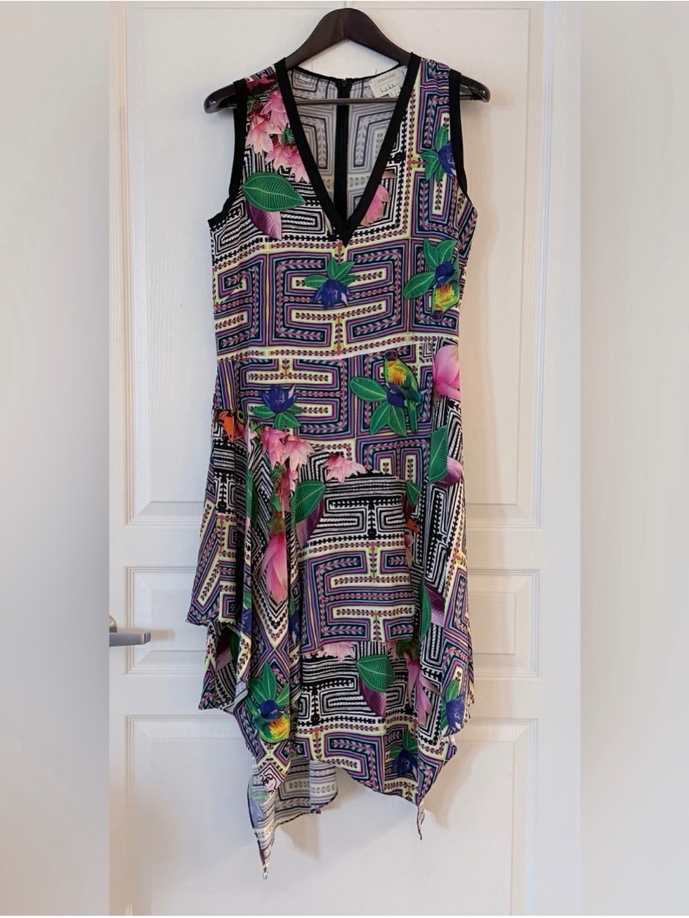 Nicole Miller 100% Silk Multicolor Floral & Geometric Asymmetrical Dress